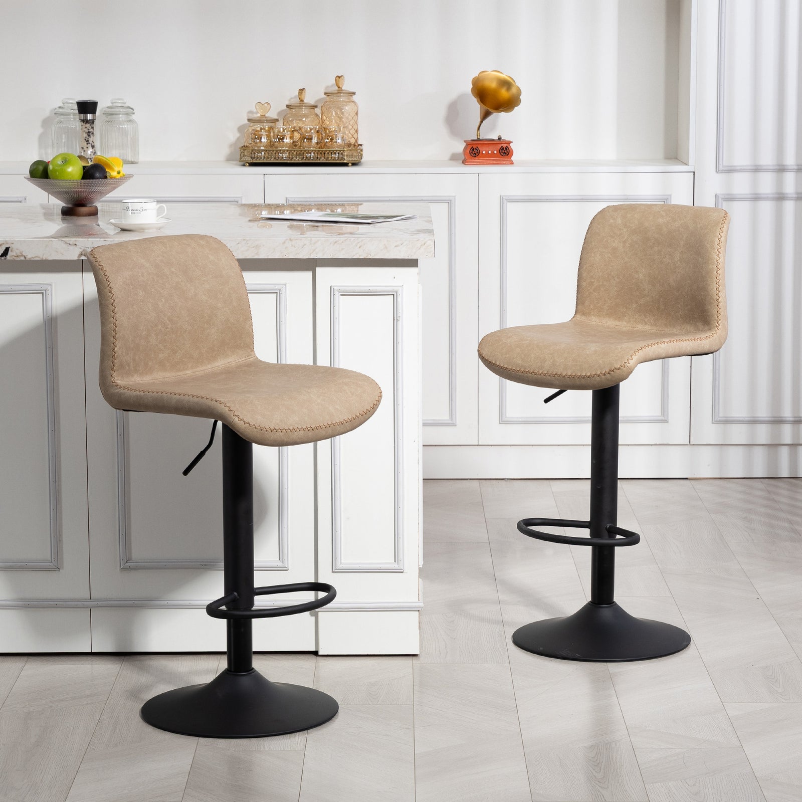 Barstools Set Of 2, Dining Stools With Backrest And Footrest | Beige
