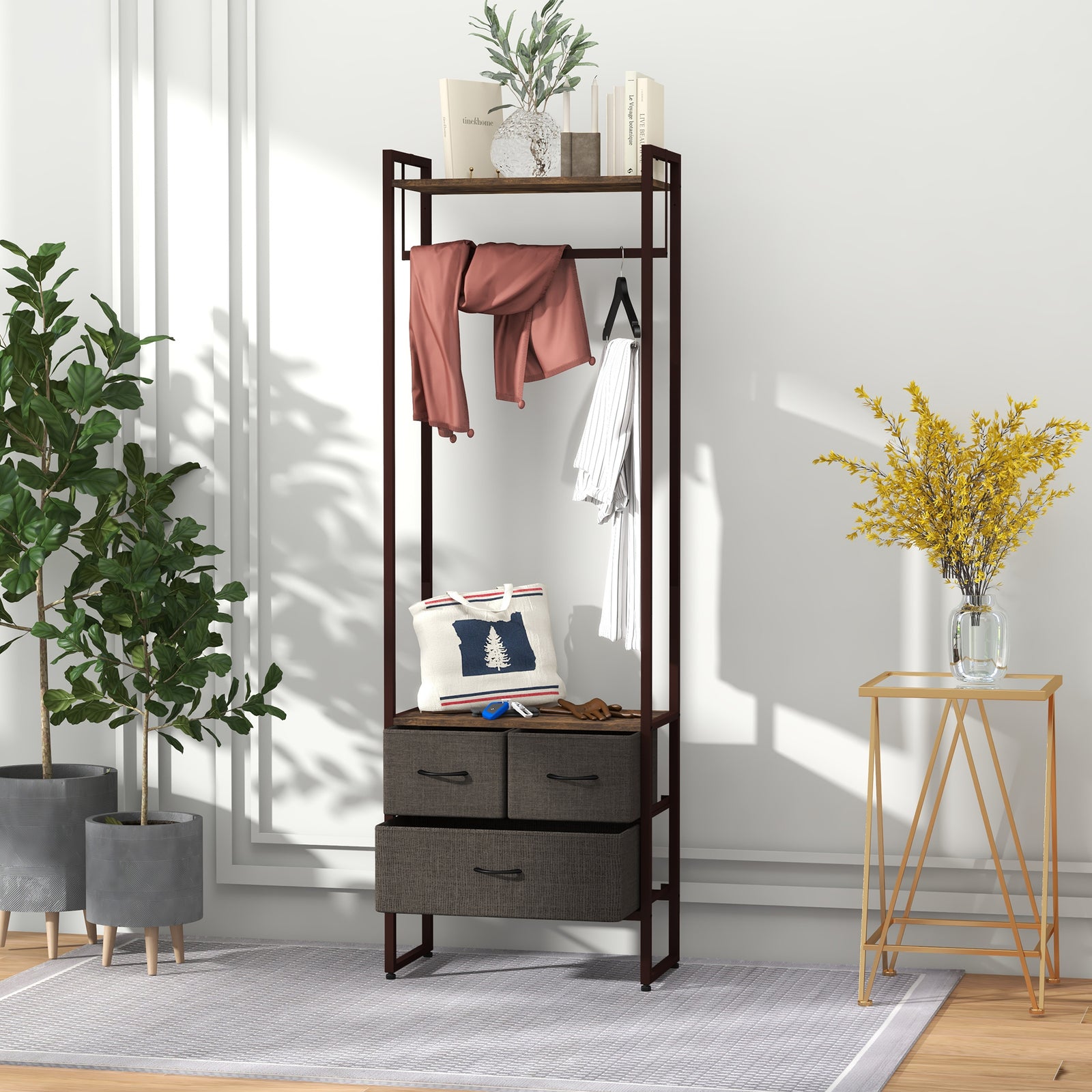 Clothes Hanging Rail With 3 Fabric Drawers Storage Shelves
