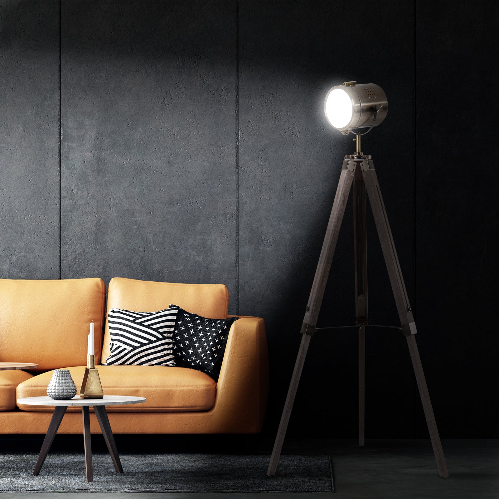 Industrial Tripod Floor Lamp Wood Adjustable Spotlight