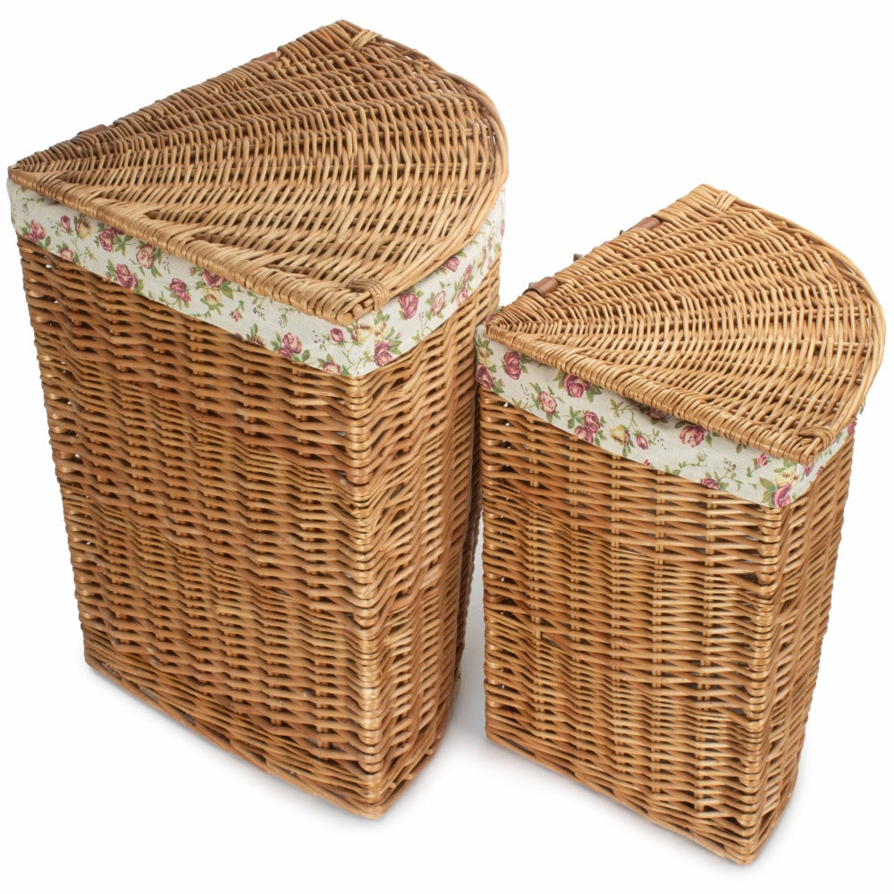 Garden Rose Cotton Lined Light Steamed Corner Laundry Baskets | Set of 2 | Pink