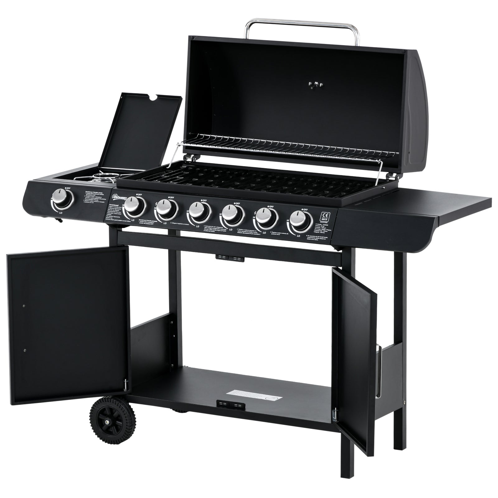 6+1 Gas Bbq Grill, Trolley, Wheels | Black