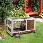Wood Indoor Rabbit Hutch Elevated 2-floor Guineas Pigs Cage W/ Wheels | Brown
