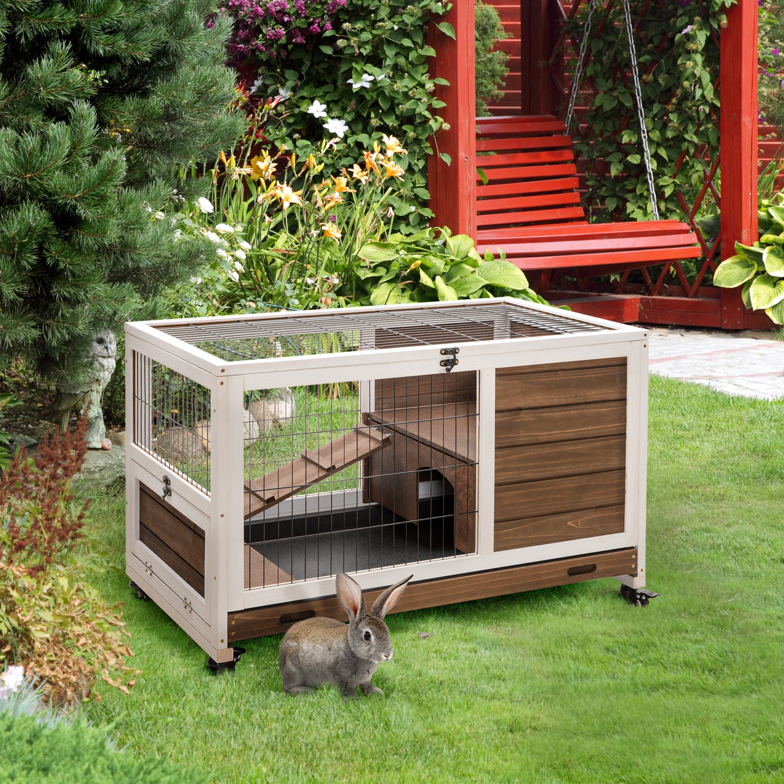 Wood Indoor Rabbit Hutch Elevated 2-floor Guineas Pigs Cage W/ Wheels | Brown