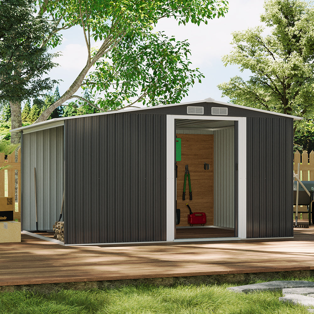 8x6ft Heavy Duty Garden Metal Shed With Extra 78cm Outdoor Weatherproof Firewood & Tool Storage Rack