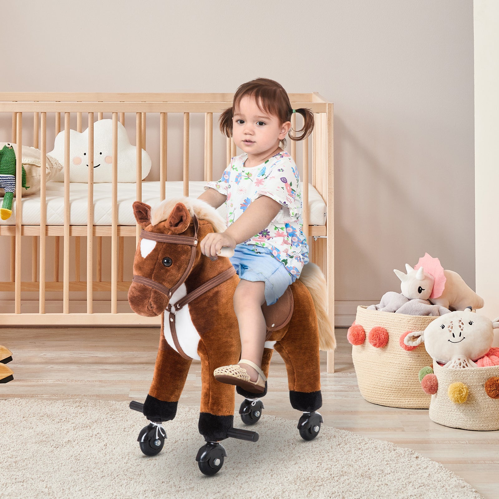 Rocking Horse Ride On Rocker Children Plush Toy Wooden Horse Sound | Brown