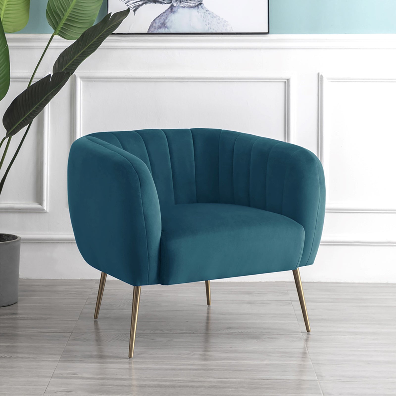 Matilda 84cm Wide Ruched Back Velvet Accent Chair With Brass Coloured Steel Legs | Teal