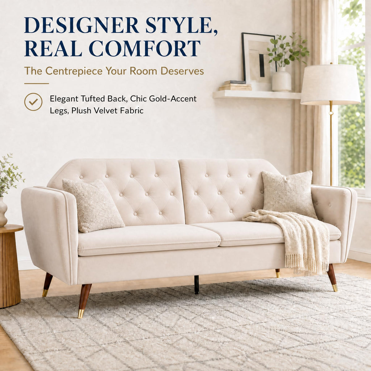 Victoria Velvet Sofa Bed 3 Seater | Cream