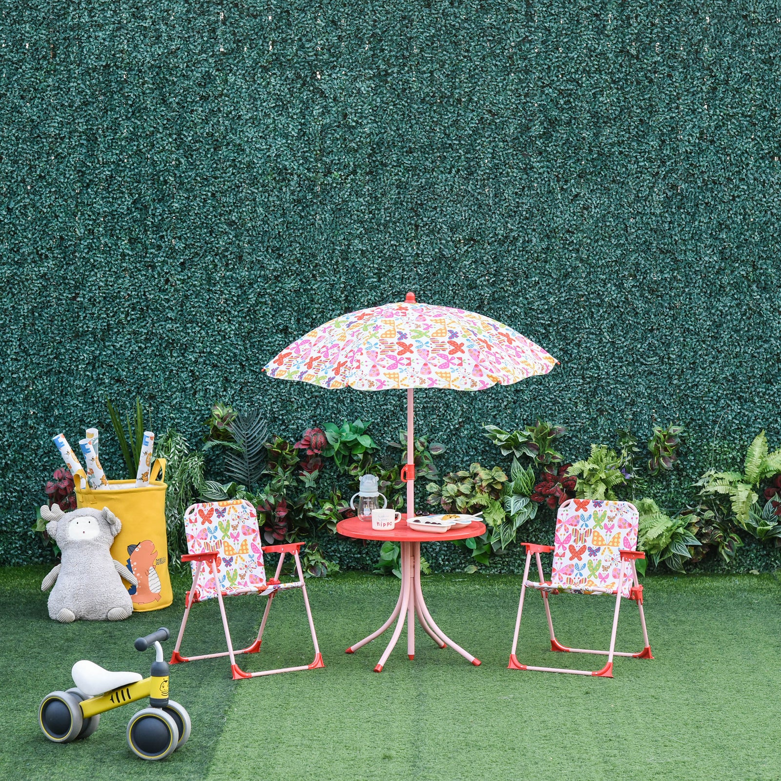 Kids Folding Picnic Table Chair Set Butterfly Pattern Outdoor Parasol