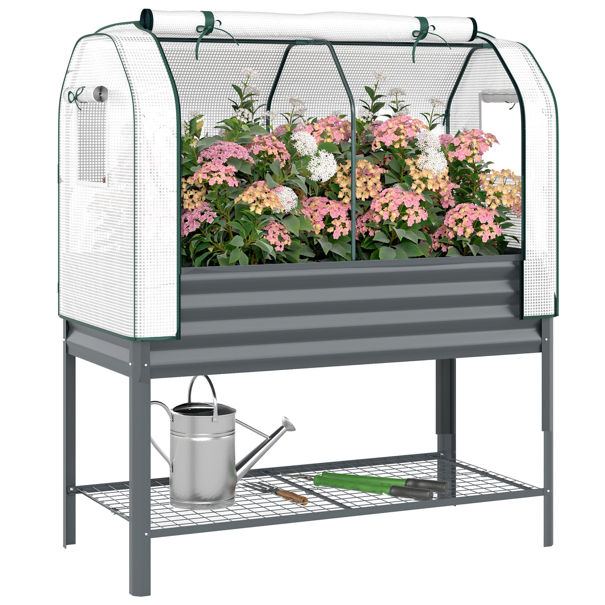 Outsunny Galvanised Raised Planter With Greenhouse Cover And Bottom Shelf