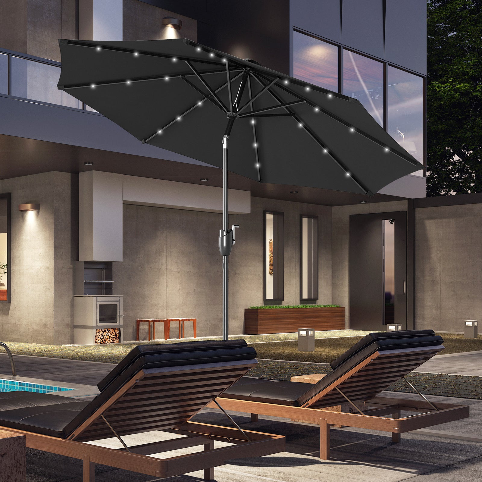 Parasol Patio Umbrella W/ Led Light Crank | Black