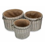 Set Of 3 Wicker Grey Wash Round Hessian Lined Log Basket