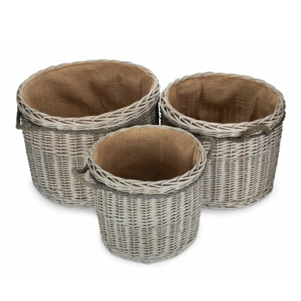 Set Of 3 Wicker Grey Wash Round Hessian Lined Log Basket