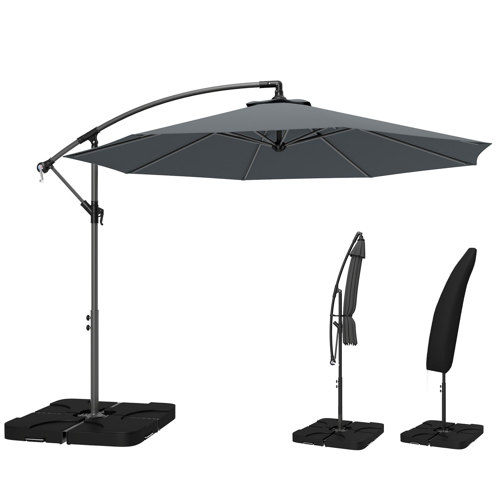 3(m) Banana Parasol Cantilever Umbrella Garden W/ Base Weights | Dark Grey