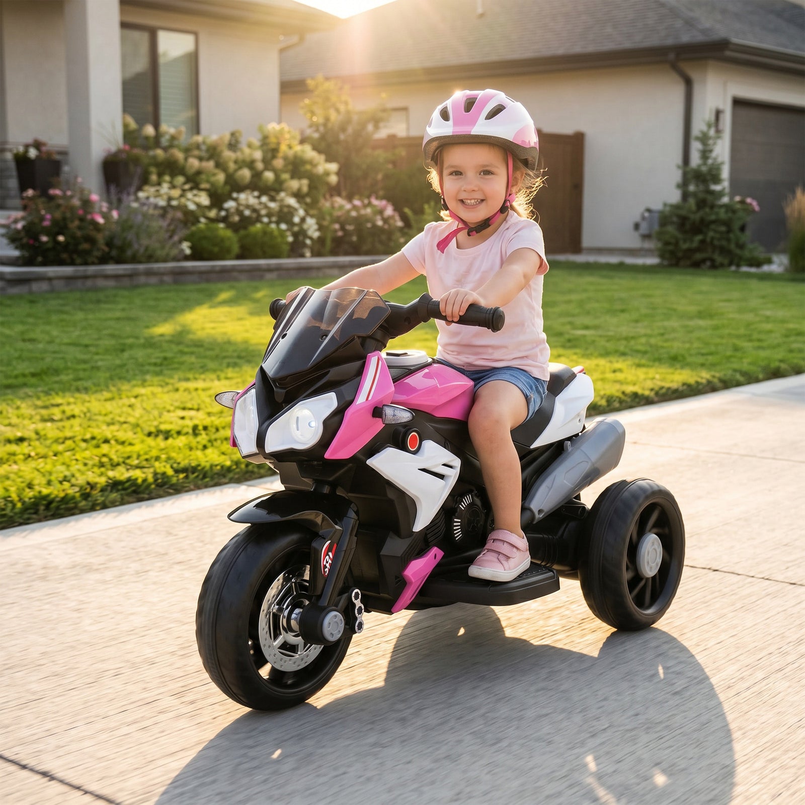 Kids Electric Motorcycle With 3 Wheels, Headlight, Music, Horn | Pink