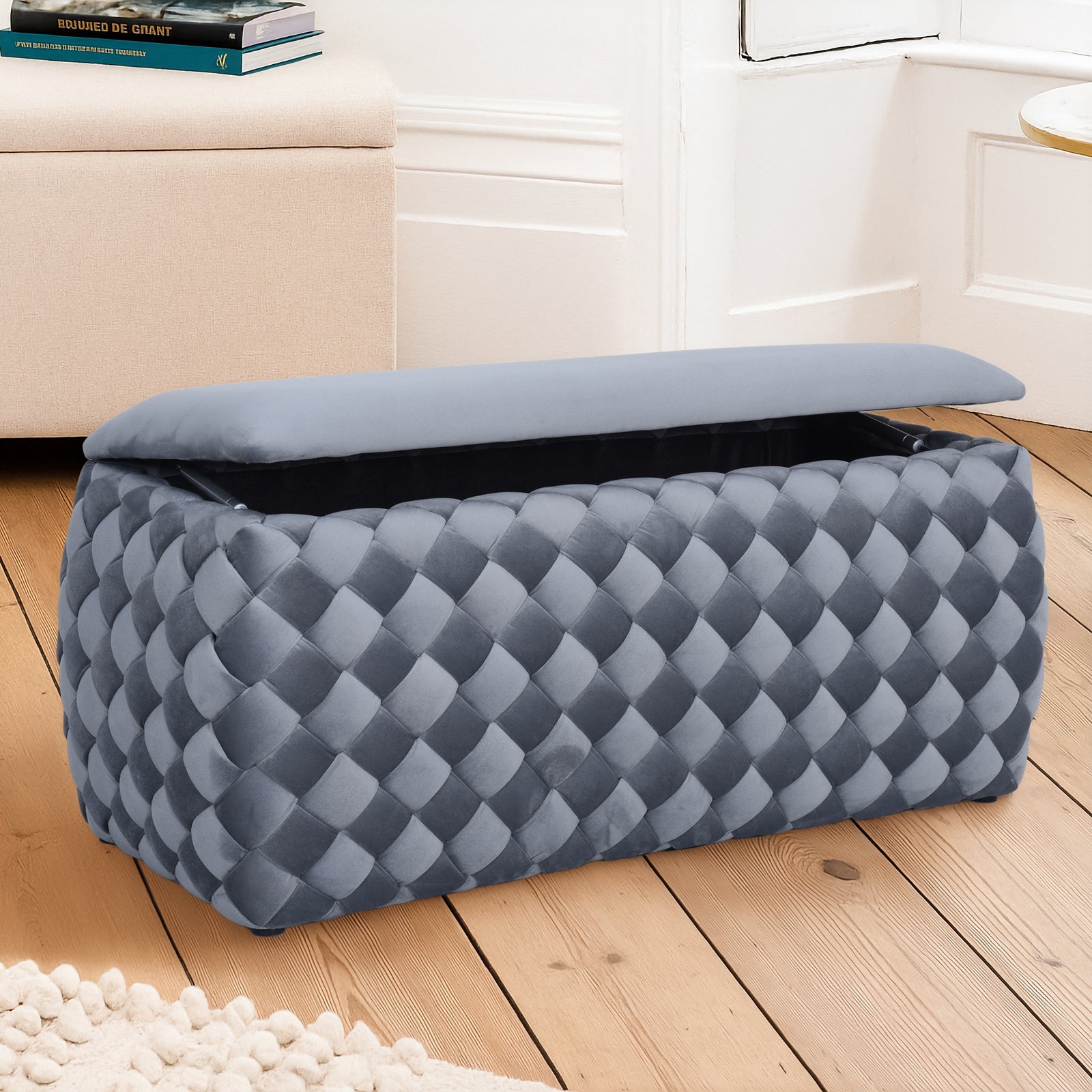 Plumeo Large Velvet Storage Ottoman | Grey