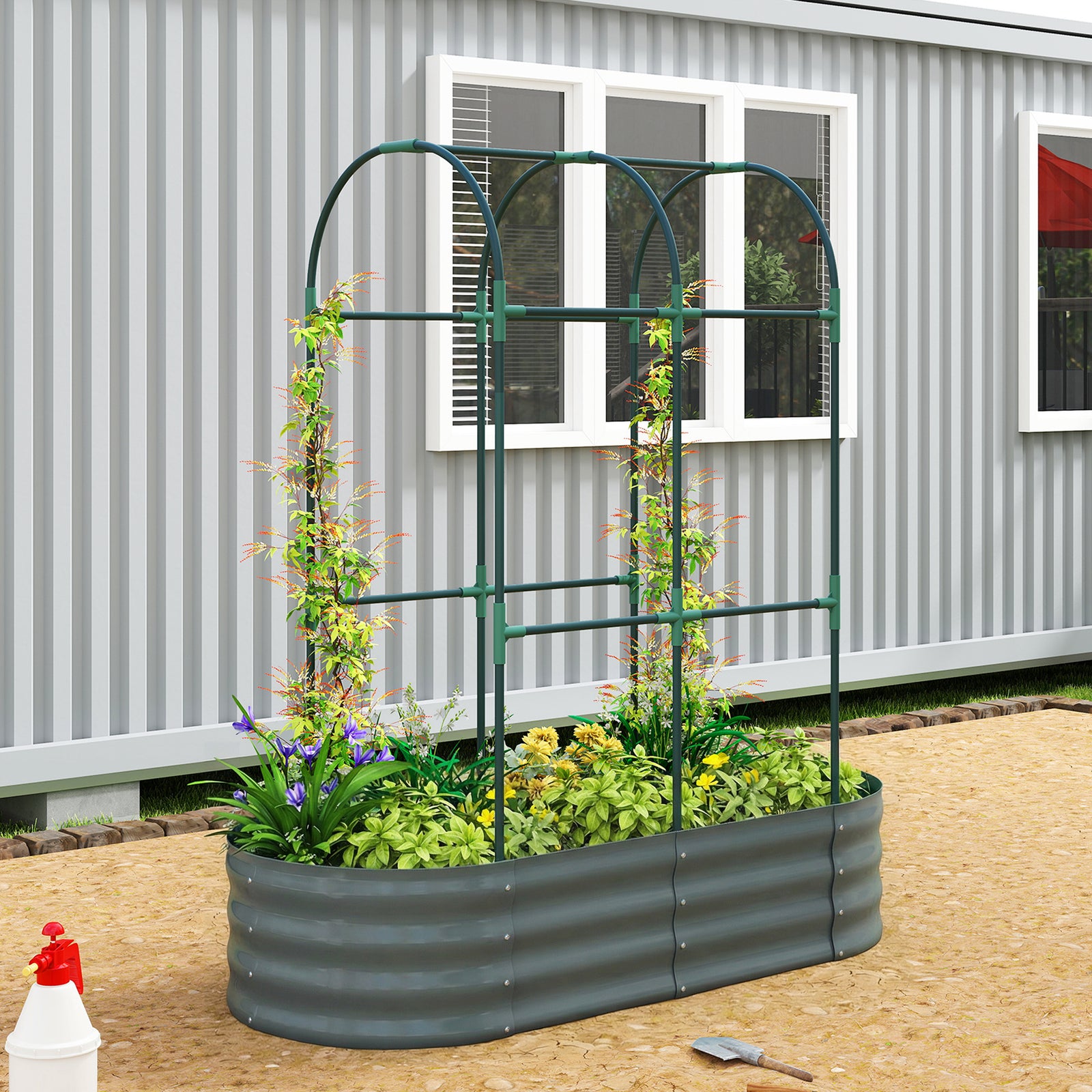 4 X 2 X 4.6ft Galvanised Raised Garden Bed With Trellis | Dark Grey
