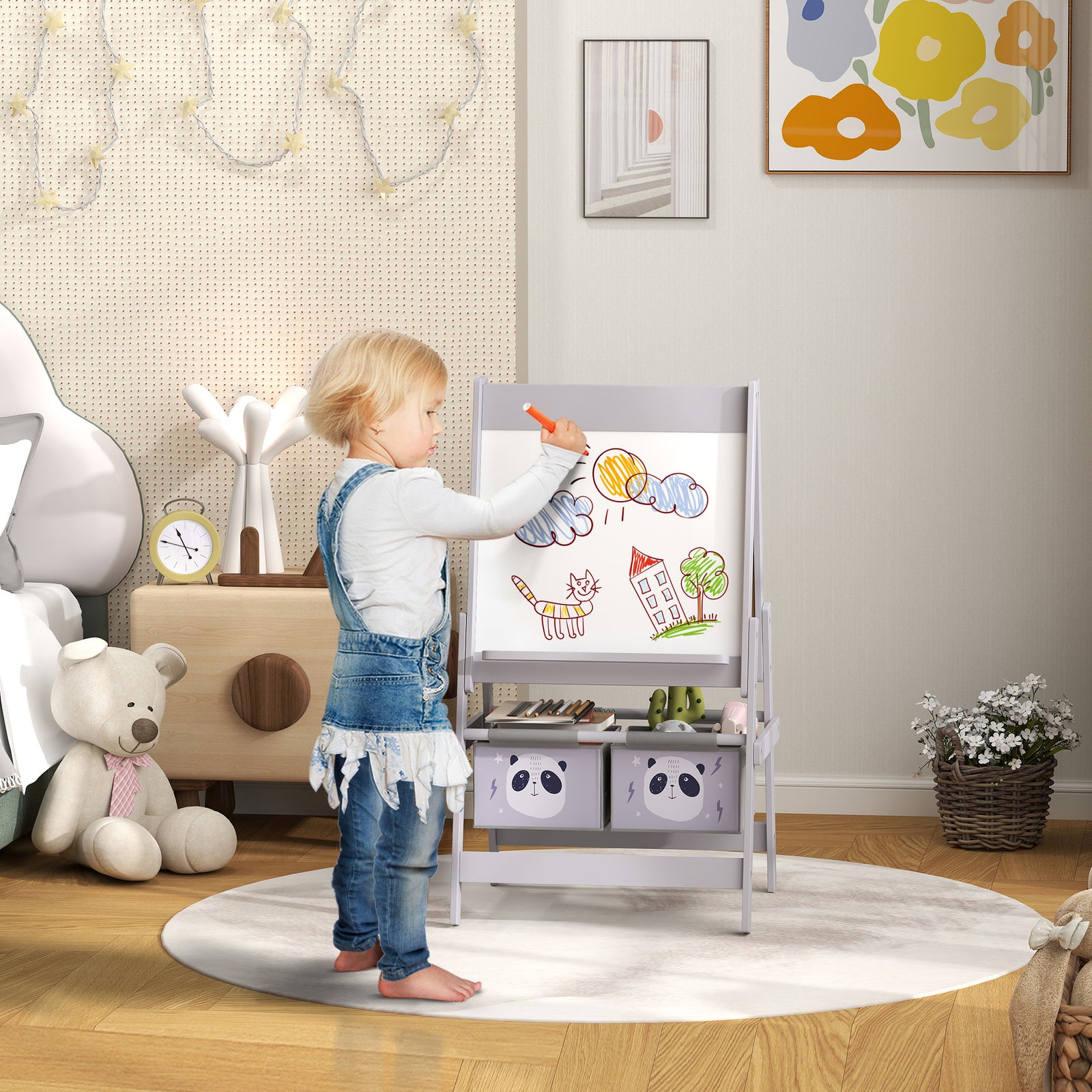 Kids Easel With Paper Roll, Blackboard, Whiteboard, Storage, Grey