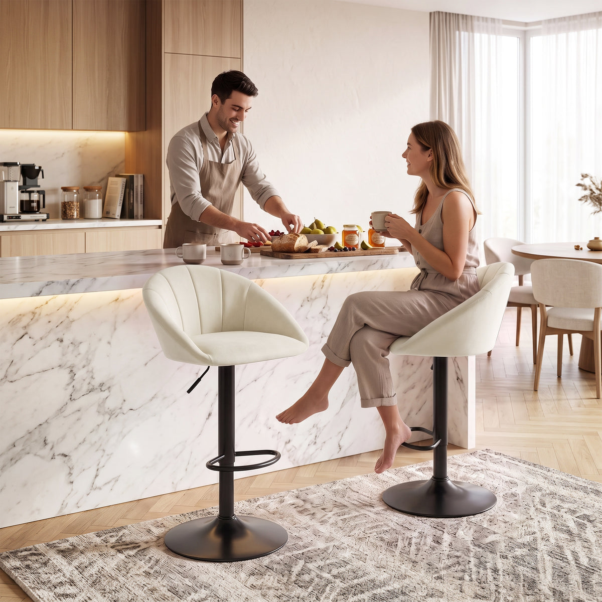 Bar Stools Set Of 2 Velvet Adjustable Swivel | Cream