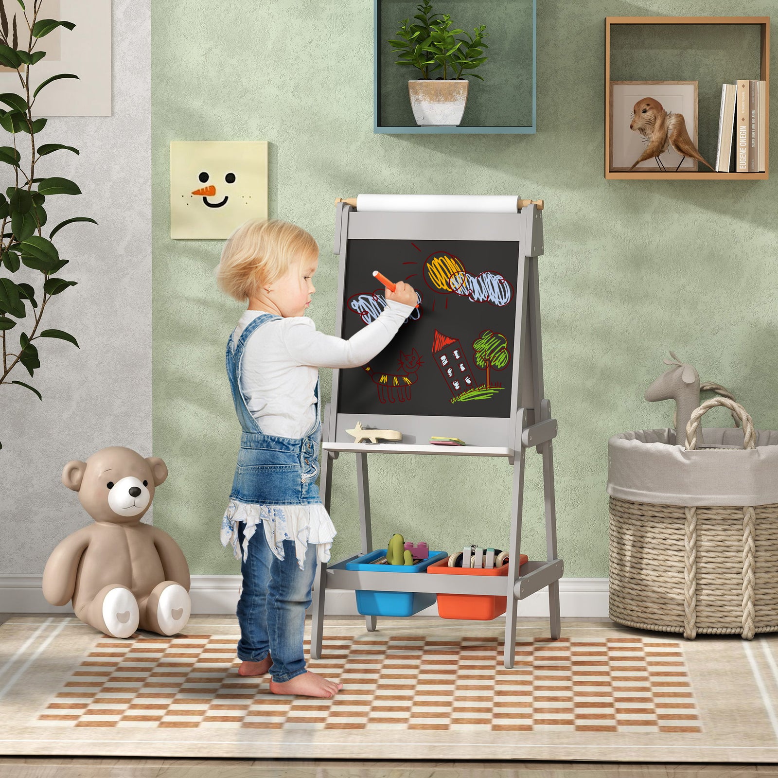 Aiyaplay Double Sided Art Easel For Kids With Paper Roll