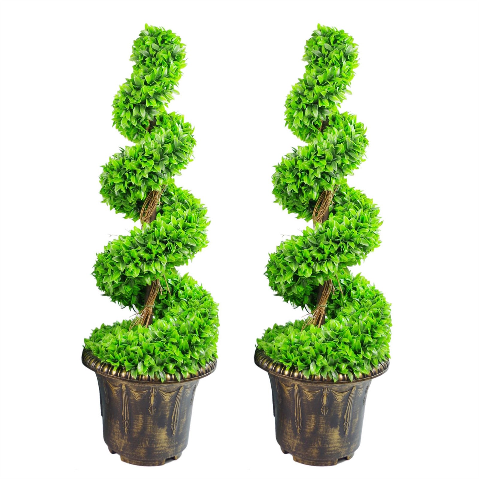 90cm Pair Of Green Large  Spiral  Topiary Trees With Decorative Planters