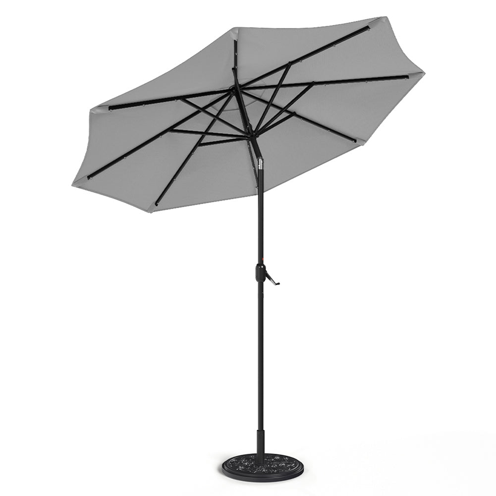 3m Outdoor Patio Parasol – Solar-powered Umbrella With 24 Led Lights, Tilt & Crank Handle, With Cement Base | One Size | Light Grey
