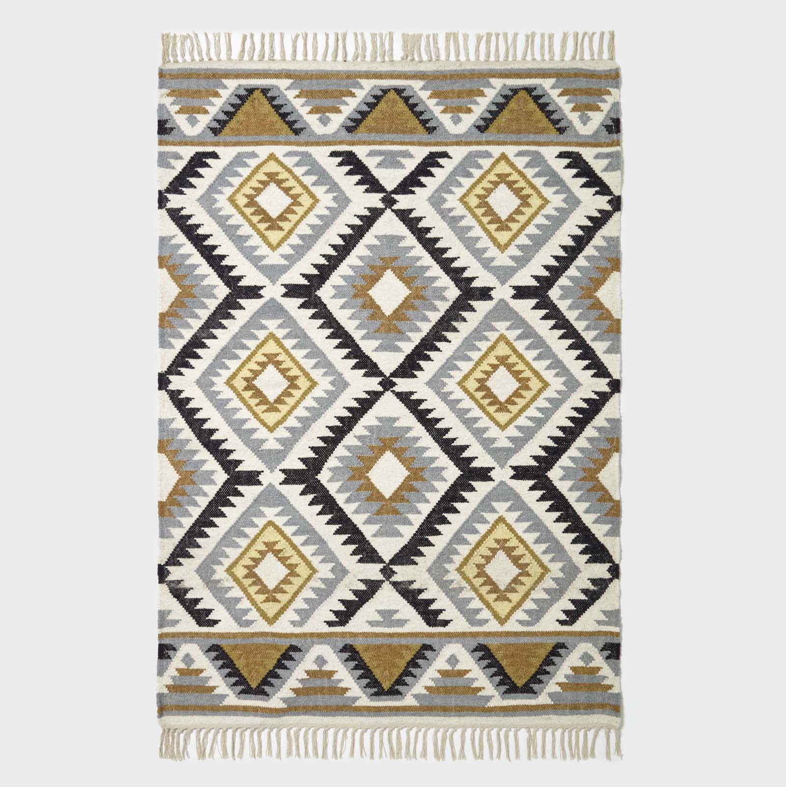 Agra Handwoven Diamond Kilim Wool Rug | 120cm x 180cm | Yellow & Black