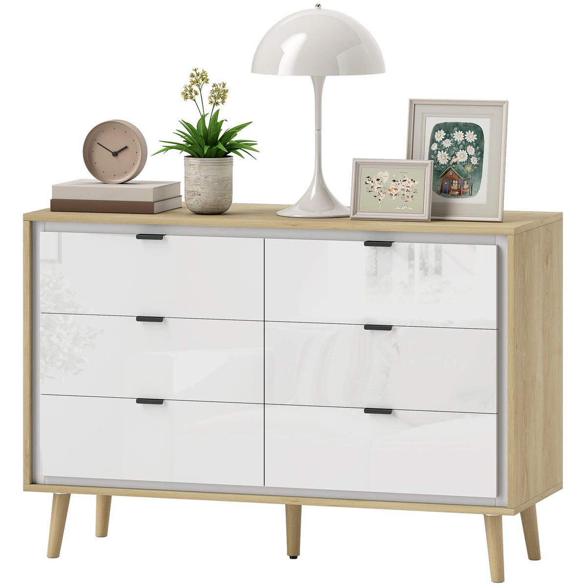 HOMCOM Storage Cabinet With 6 Drawers And 5 Legs, High Gloss White