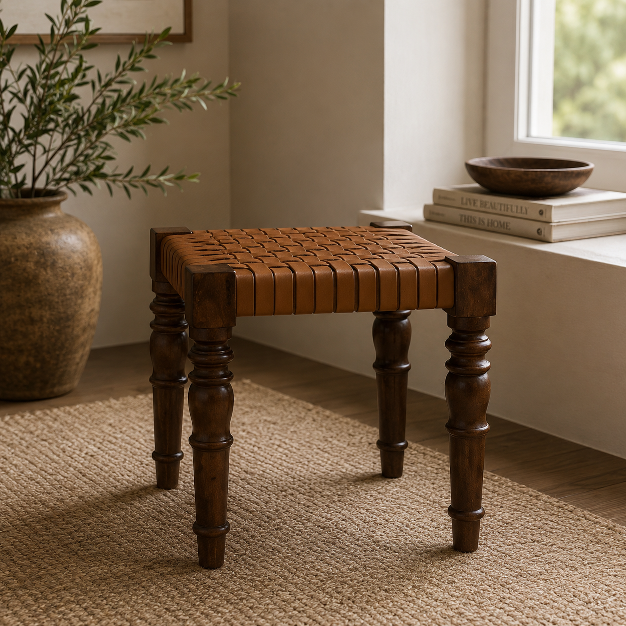 Artisan Furniture Solid Wood Woven Leather Footstool