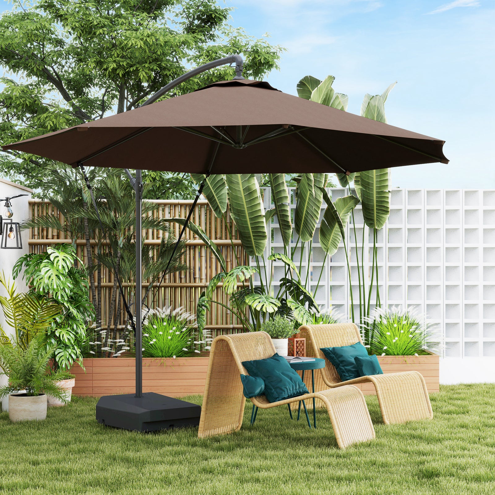 Garden Cantilever Parasol W/ Cover Weighted Base Wind Strap | Brown