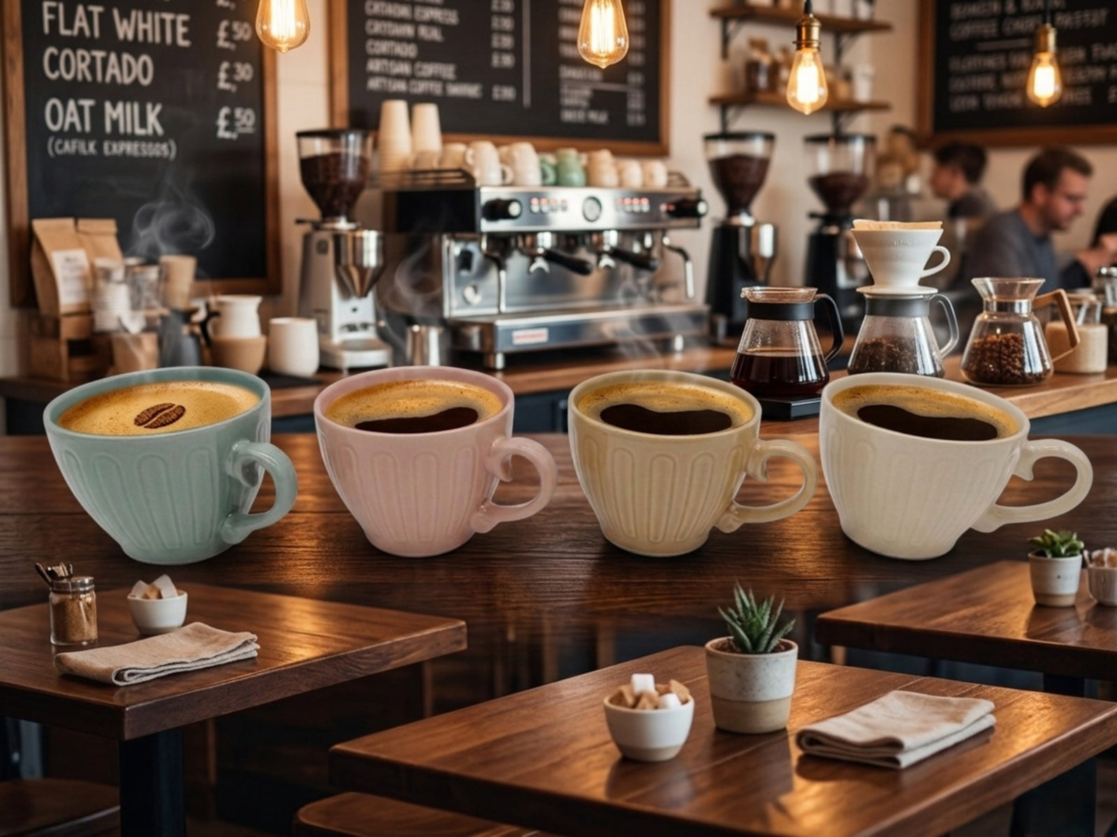 Ceramic Coffee Mugs 4pc Set 15oz Large Tea Cups Assorted Colours Scrolled Handle