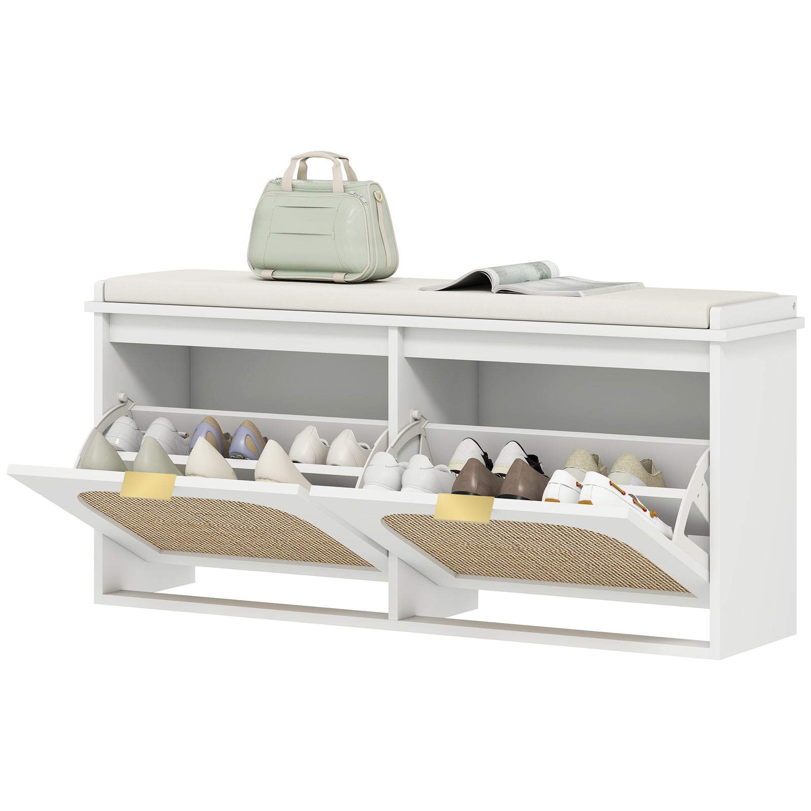 Boho Shoe Bench With Padded Seat And 2 Flip-drawers | White