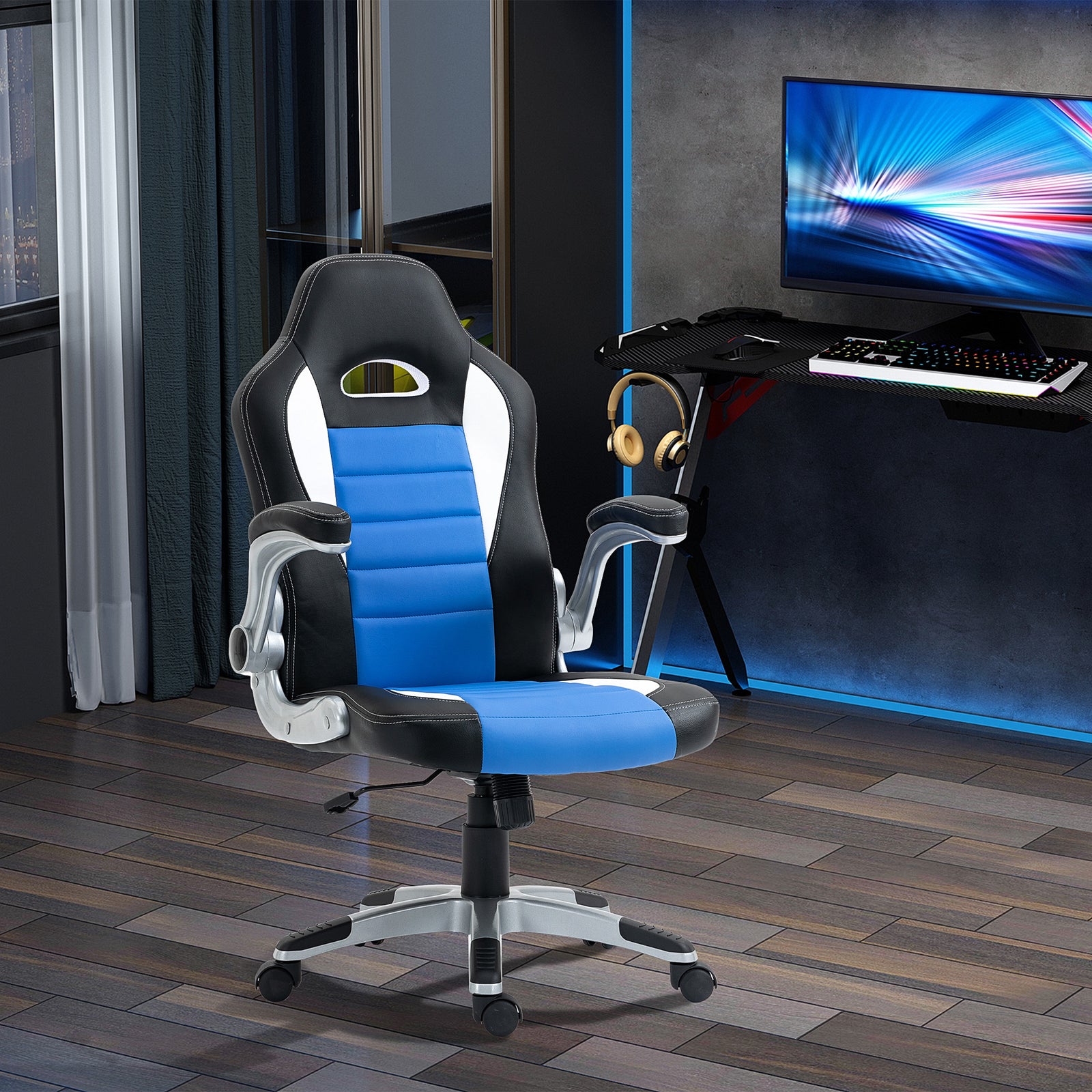 Gaming Chair Adjustable Flip Up Arms Blue