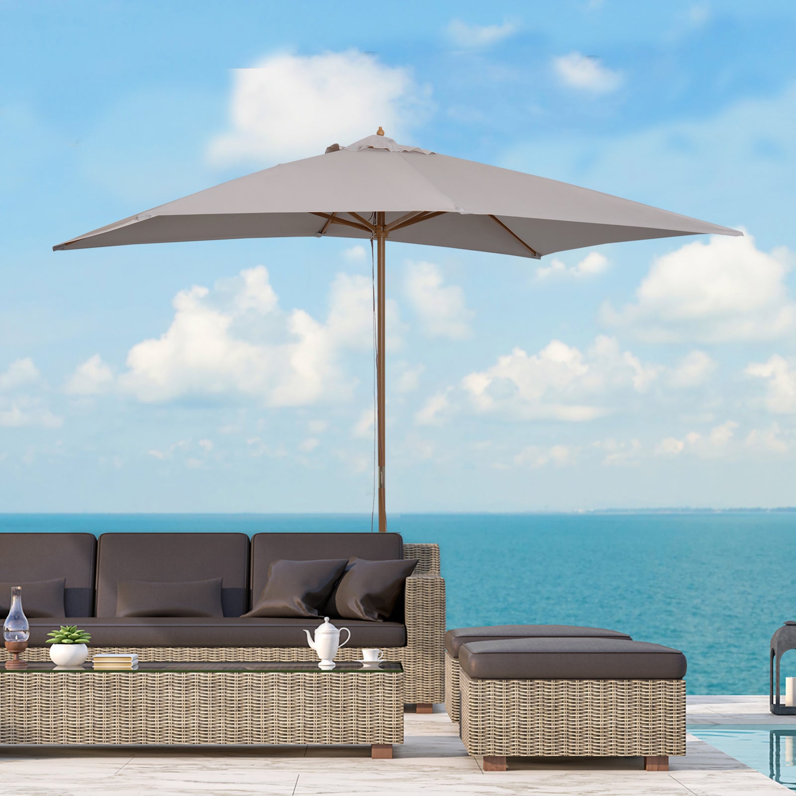 Wooden Garden Parasol Sun Shade Outdoor Umbrella Canopy | Gray