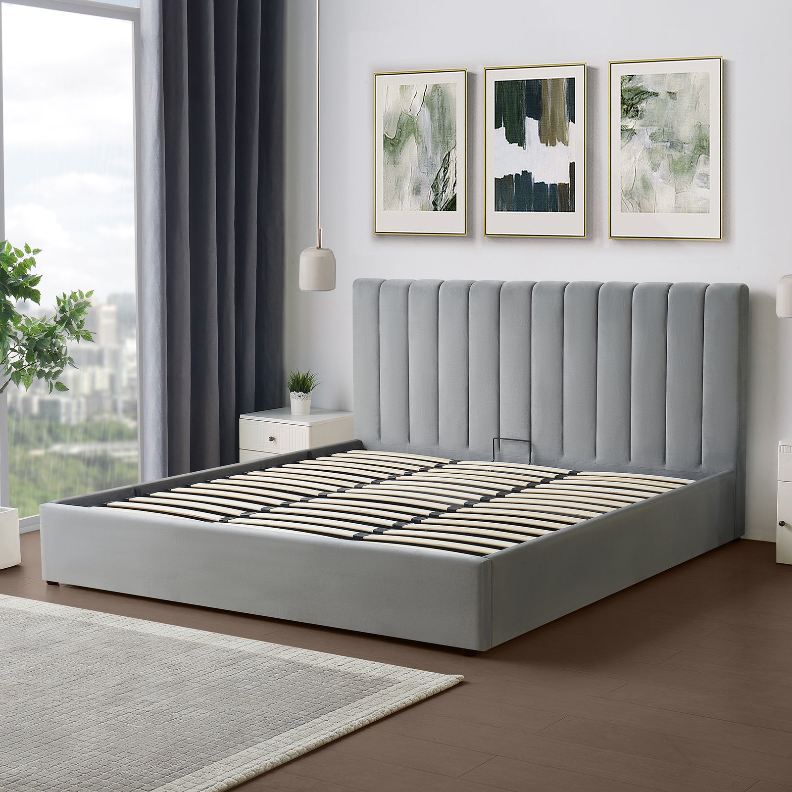 Corwin Grey Velvet Ottoman Storage Bed Frame - 4 Sizes Available | Super King