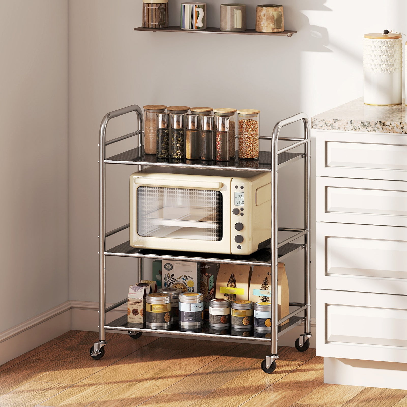 3 Tier Kitchen Trolley On Wheels Serving Cart With Handles Silver