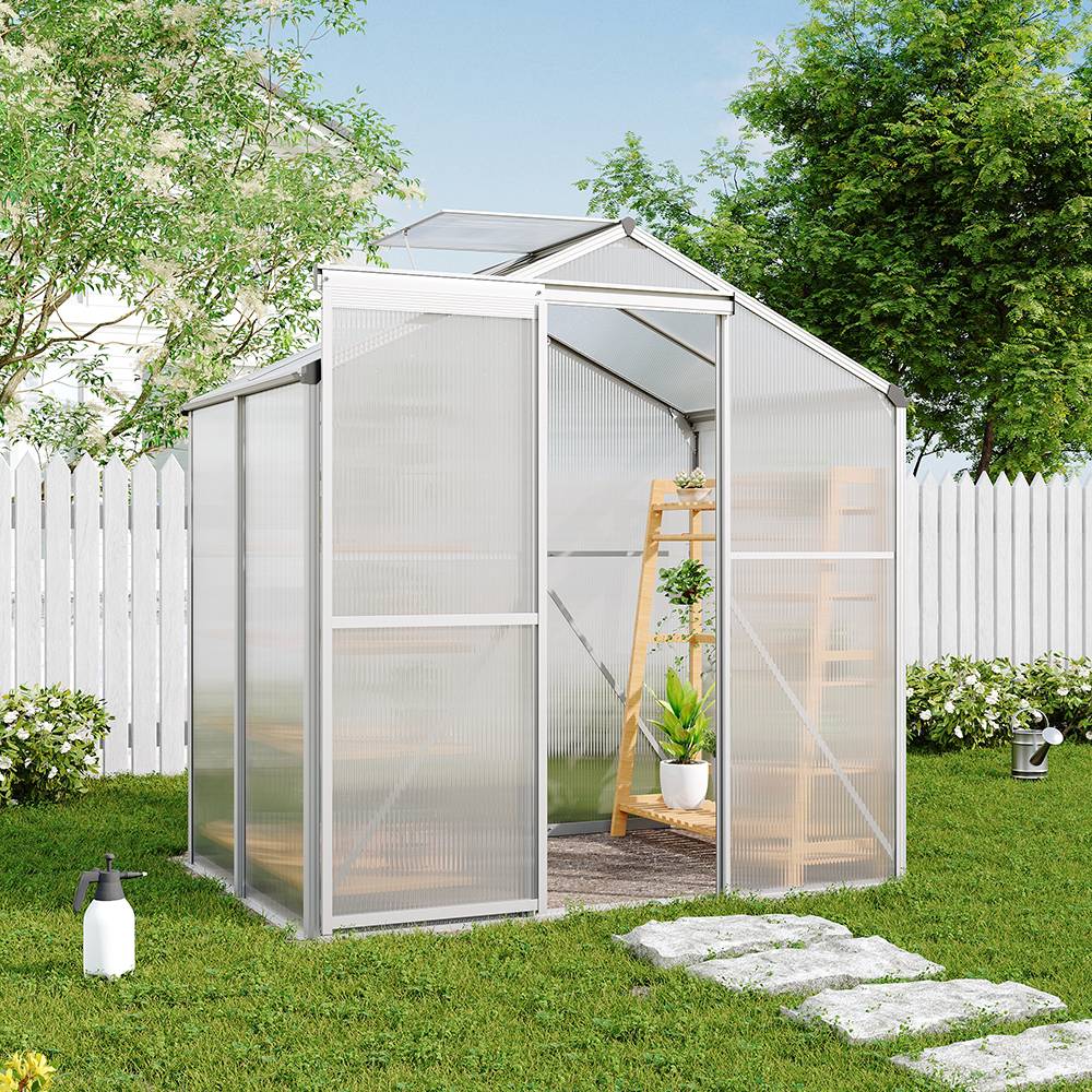Polycarbonate Greenhouse– Aluminum Frame Walk-in Greenhouse With Sliding Door & Ventilation Window For Plants & Flowers, White, 4 x 6ft