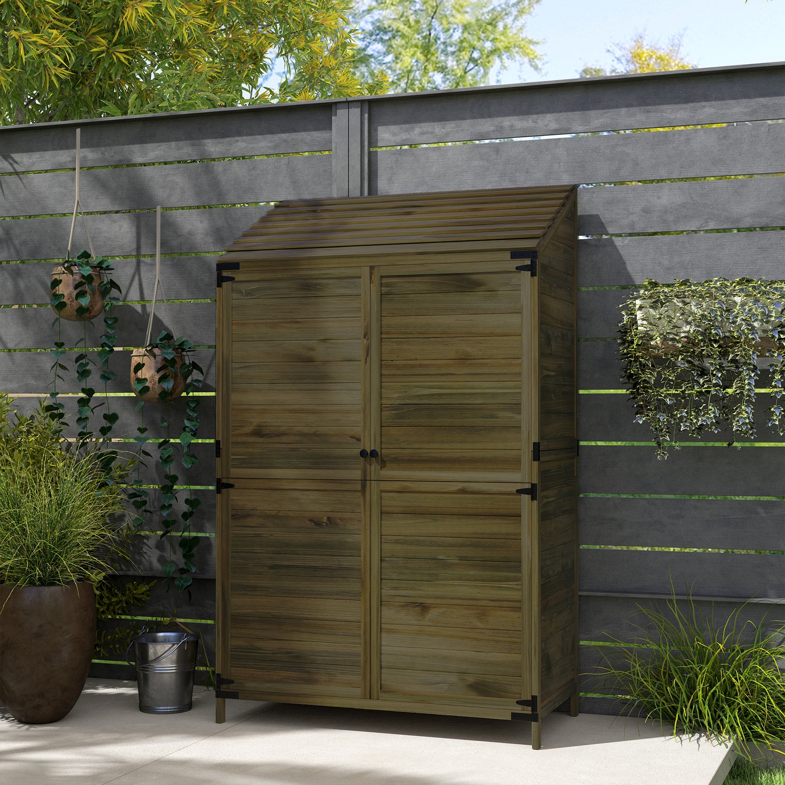 Wooden Garden Storage Shed W/double Doors And Shelves | Green