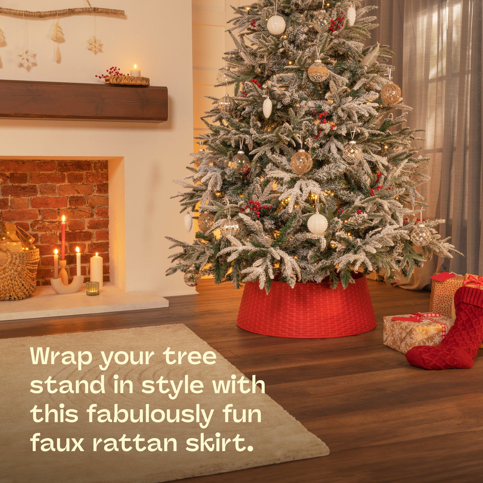 Faux Rattan Christmas Tree Skirt Snap Design 65cm