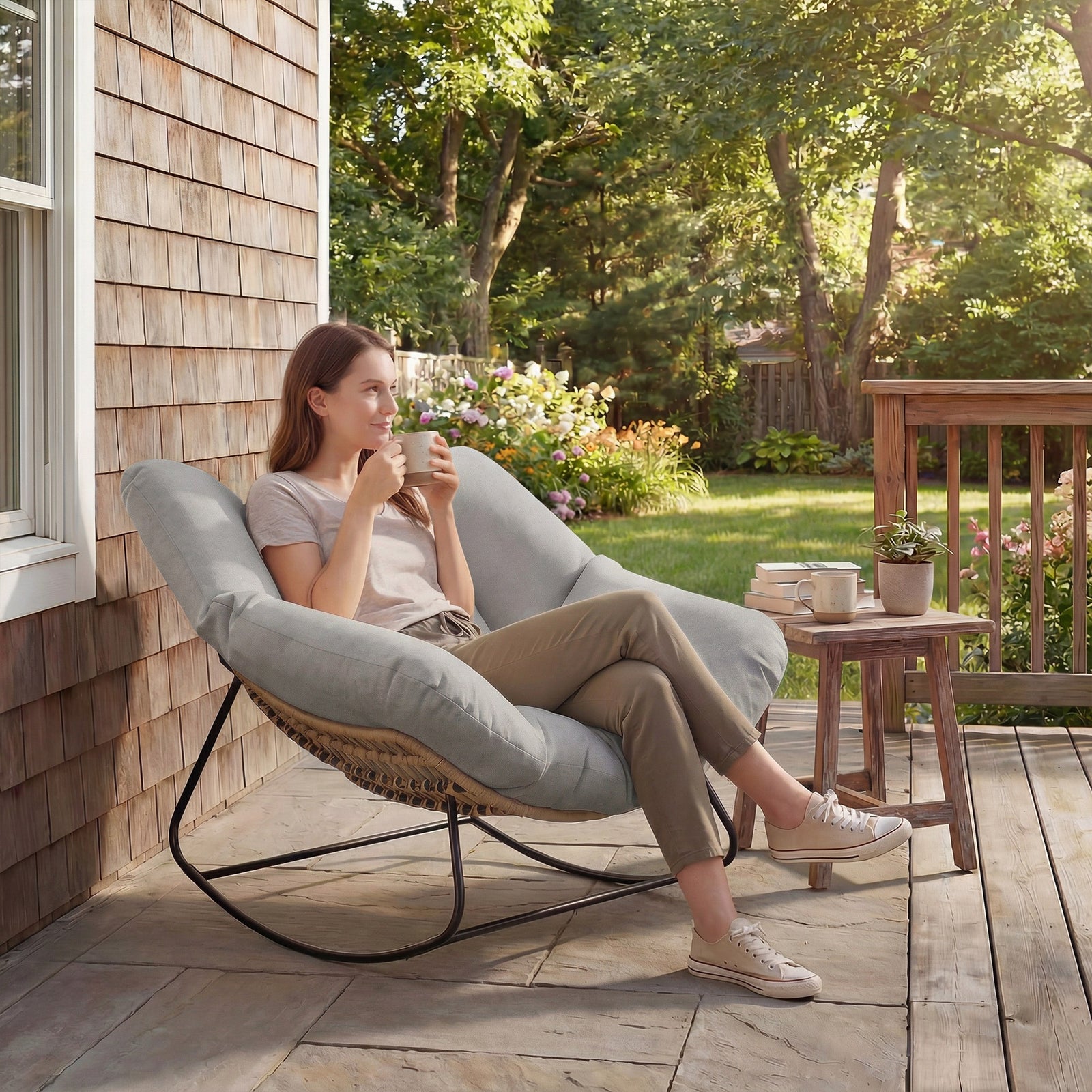 Indoor Outdoor Rocking Chair With Cushion | Light Grey