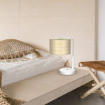 Marshall Hand Made Designer Table Lamp In Matt White Metal And Natural Rattan Coloured Fabric