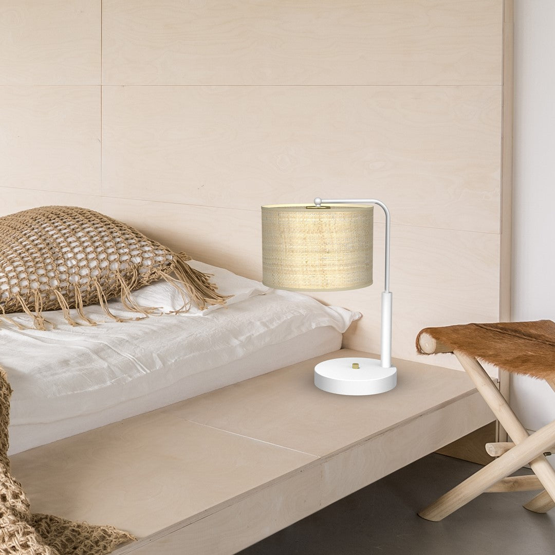 Marshall Hand Made Designer Table Lamp In Matt White Metal And Natural Rattan Coloured Fabric