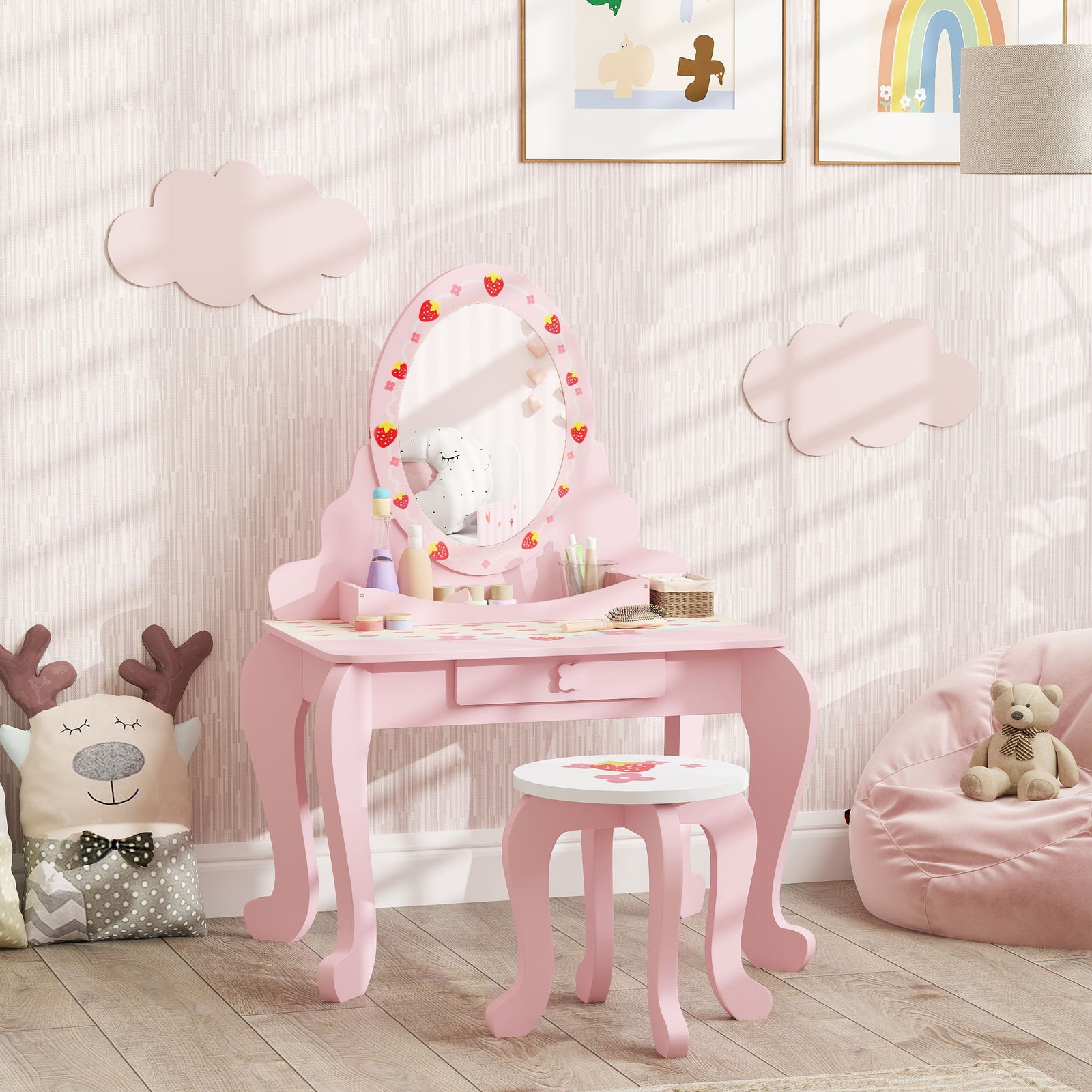 Kids Dressing Table Set, Strawberry Theme Vanity Table With Stool, Mirror Drawer