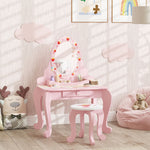 Kids Dressing Table Set, Strawberry Theme Vanity Table With Stool, Mirror Drawer