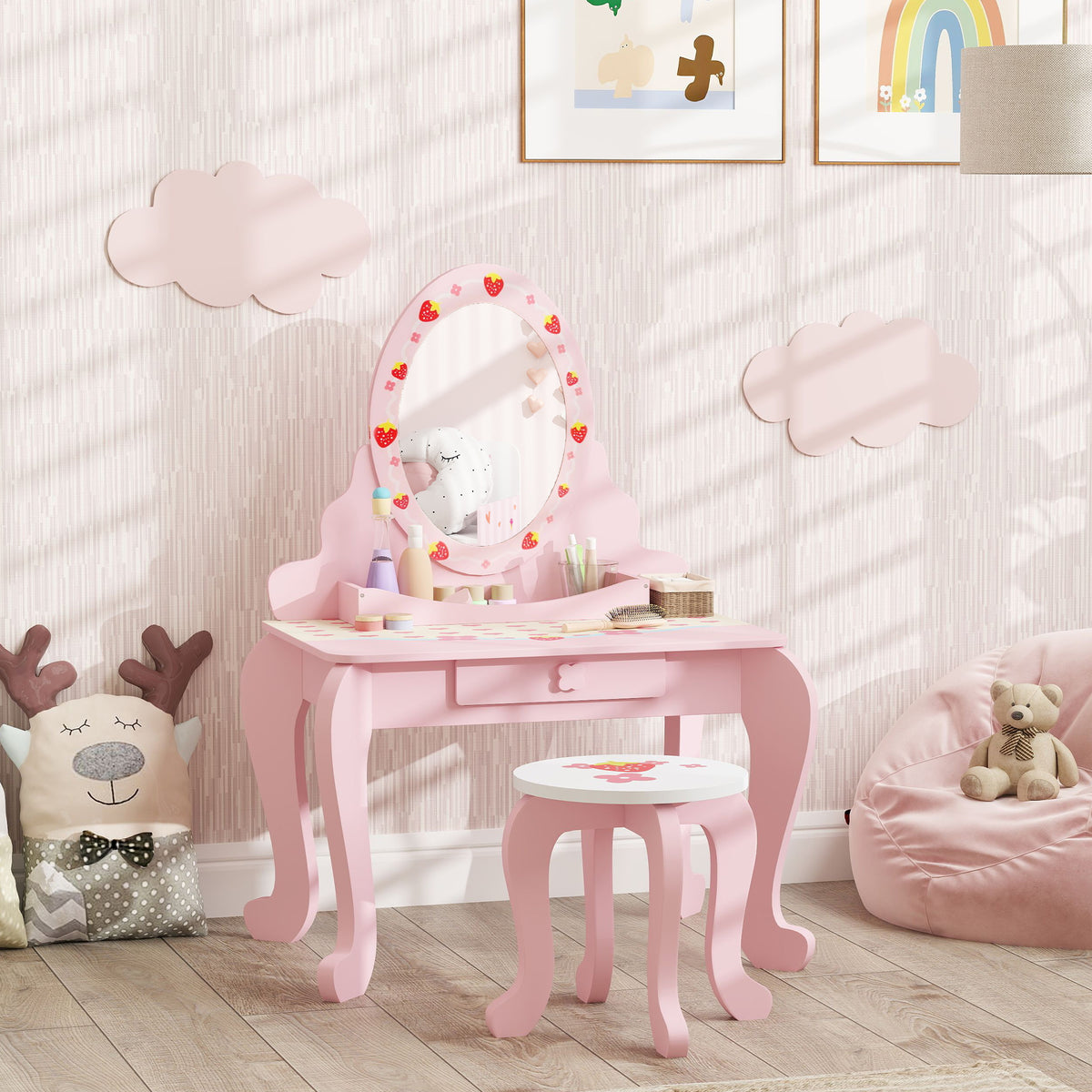 Kids Dressing Table Set, Strawberry Theme Vanity Table With Stool, Mirror Drawer