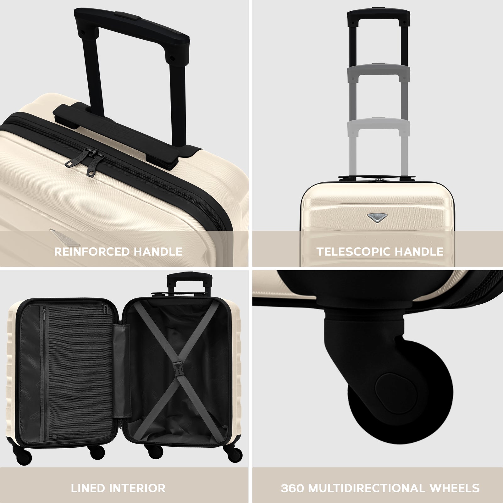 55x40x20cm Lightweight Luggage Hard Shell Cabin Suitcase 60+ Airlines Approved - Carry On Case - 4 Wheels | 55 x 40 x 20cm | Cream & Black