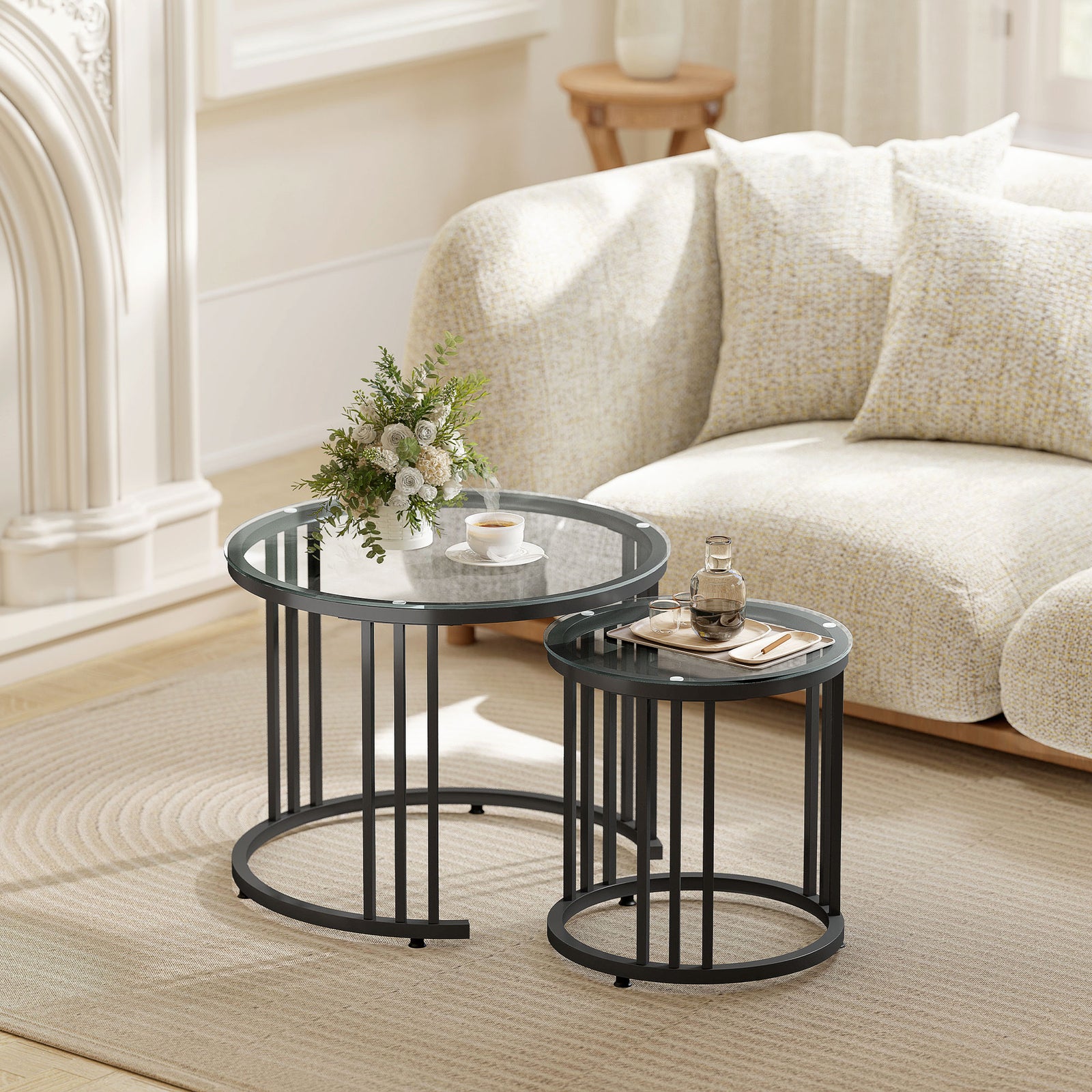 HOMCOM 2 Pieces Round Nesting Coffee Tables With Tempered Glass Top, Black