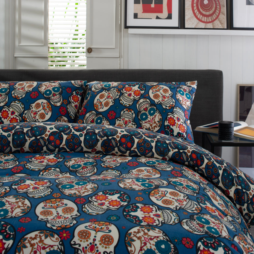 Day Of The Dead Cotton Rich 200 Thread Count Reversible Duvet Cover Set | King | Navy Blue