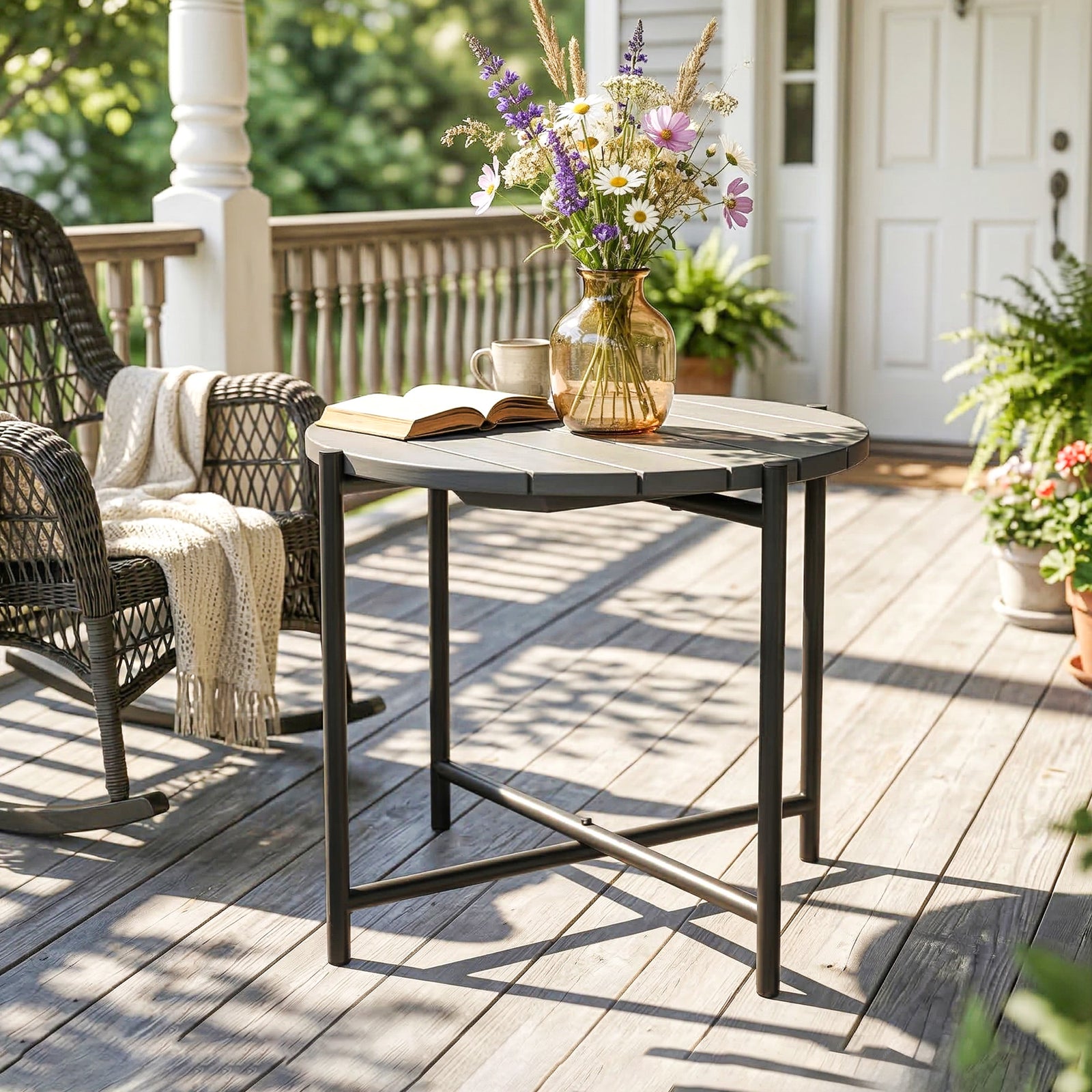 Outsunny 54 Cm Round Garden Table, Slatted Wood Top Outdoor Table, Dark Grey