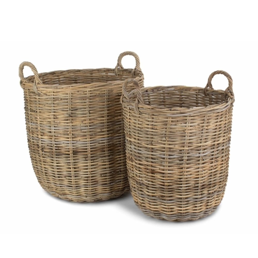 Tall Round Fireside Grey Rattan Log Basket | Set-of-2 | Brown