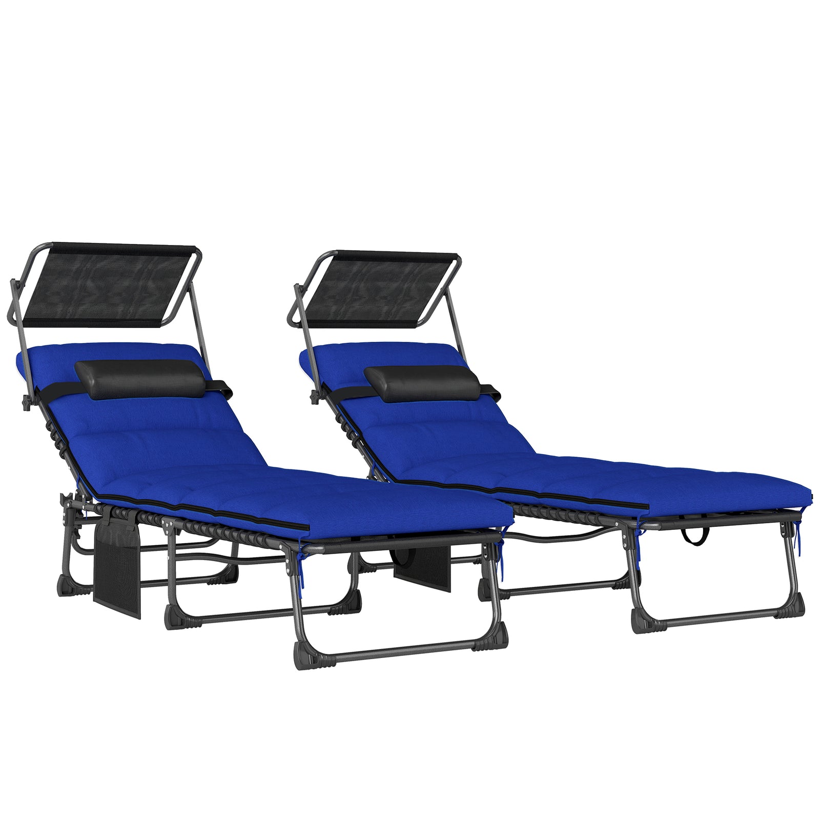 Folding Sun Loungers Set Of 2, Sun Bed With Canopy | Dark Blue